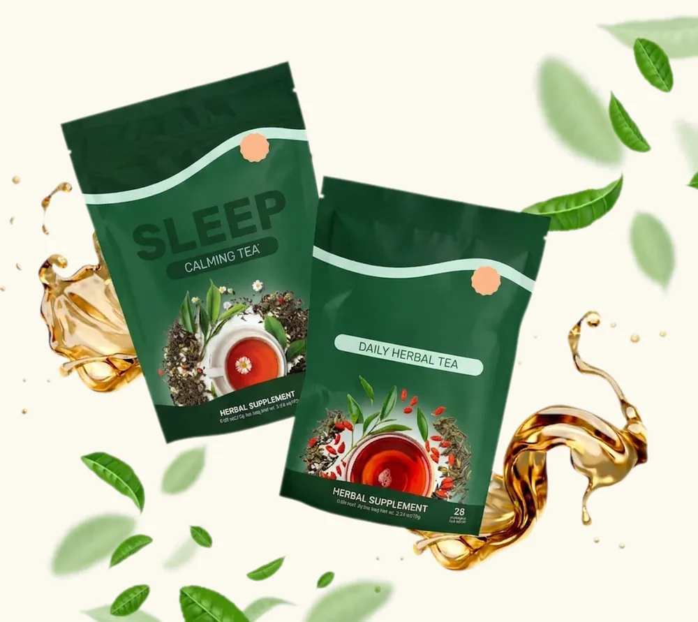 Zakken Sipeva Daily en Sipeva Sleep, diagonaal neergelegd op een bed van theeblaadjes